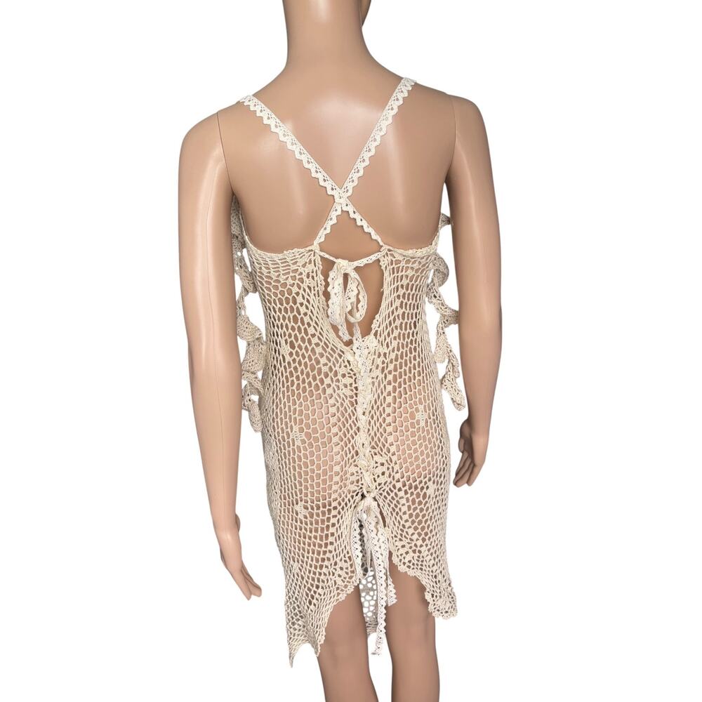 Upcycled Coastal Crochet Doily Sheer Dress Lace Up Back Boho Coastal Festival S - Picture 7 of 8